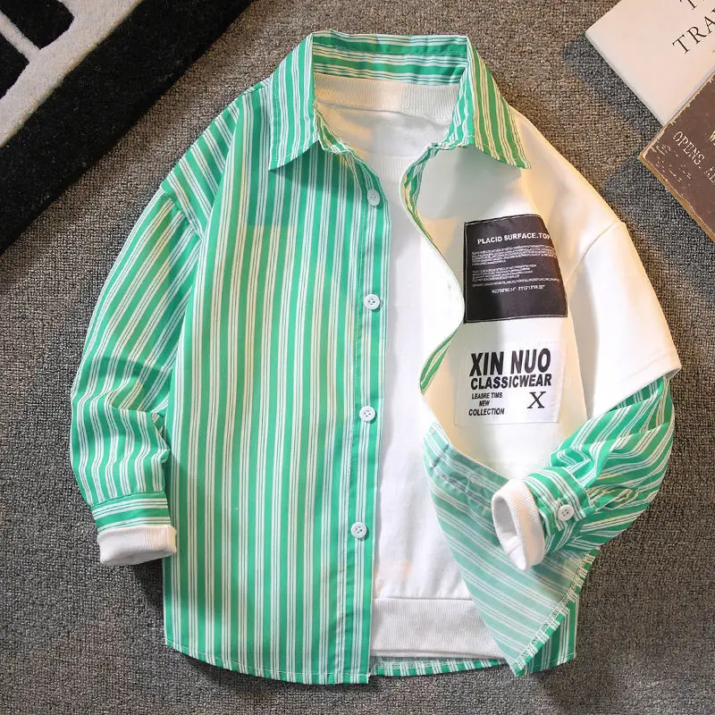 

Boys' Striped Shirt 2023 Autumn New Children's Long-Sleeved Boys' Shirt Spring and Autumn Coat