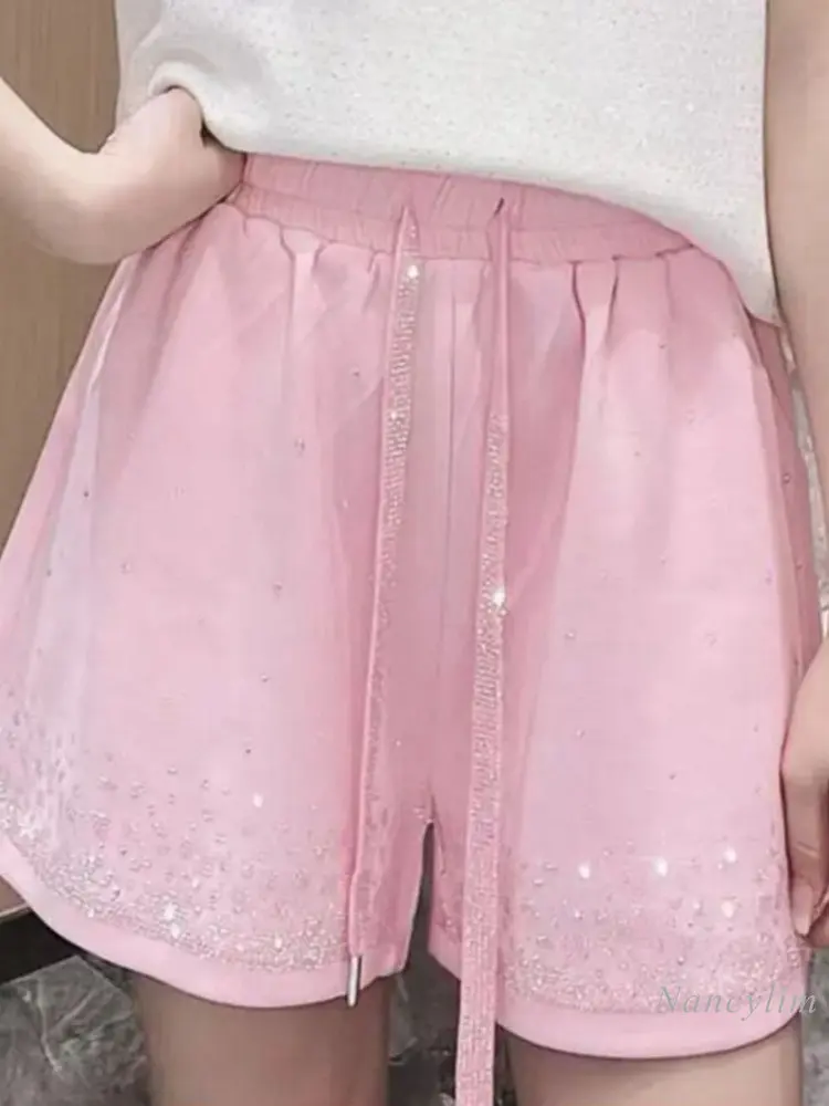 

2023 New Heavy Embroidery Hot Drilling Shiny Rhinestone Shorts Women Wide Leg Slimming All-Matching Drawstring Waist Short Femme