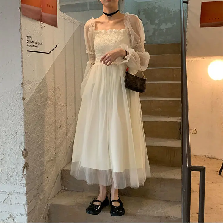 

Fashion Summer Dresses for Women 2022 Ruffled Casual Long Sleeve Print A-line Elegant Vestidos High Waist Party Maxi White Dress