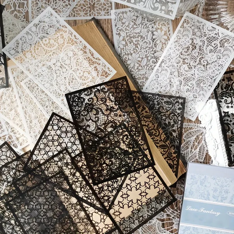 30 Stück, Vintage-Stil, schwarze und weiße Spitze, Aufkleber, Buch, DIY, Tagebuch, Junk-Journal, Dekoration, Collage, PET-Aufkleber, Album, Scrapbooking – Detail 1