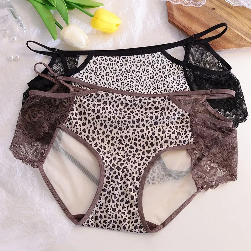 

Leopard Print Girl's Ice Silk Underwear with Contrasting Color Sexy Lace Thin Belt Hollowed Out Buttocks Low Waisted Briefs