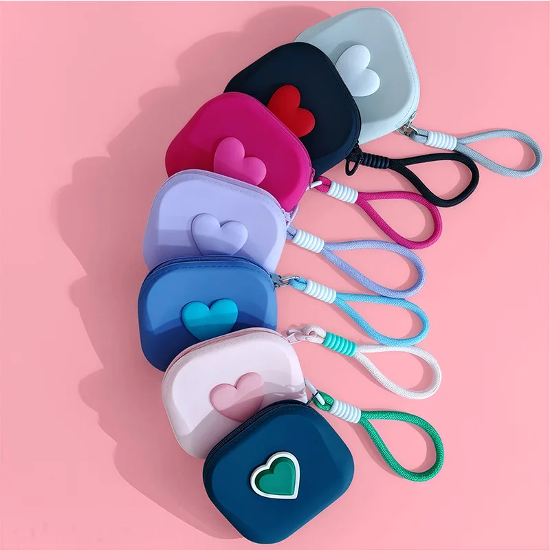 1Pc Love Heart Silicone Storage Bag Square with Lanyard Mini Cosmetic Bag Multifunctional Waterproof Coin Purse Earphone Storage
