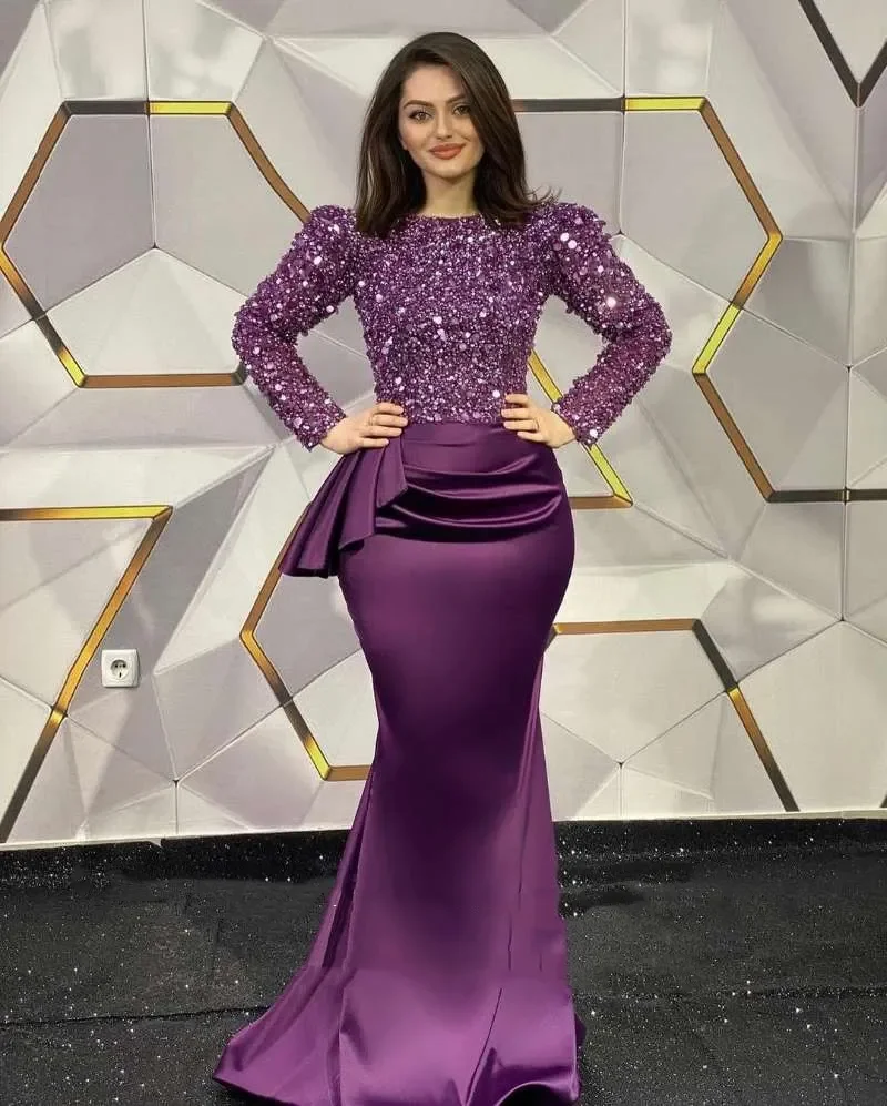 

Luxurious glitter purple sequin round neck long sleeve sexy Satin mermaid bag hip formal party PROM custom Sexy evening gown