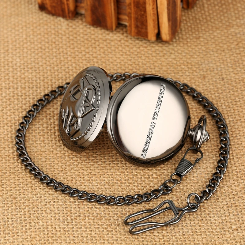 Pocket Watch Vintage Black Fullmetal Alchemist Quartz Steampunk Edward Elric Necklace Chain Fans Cosplay Anime