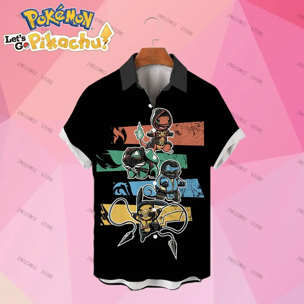 

Pokémon Men's Shirts Pikachu Couples Dress Summer Cartoon Short Sleeve Anime New Women's Blouse HD Print Social Shirt Fashion