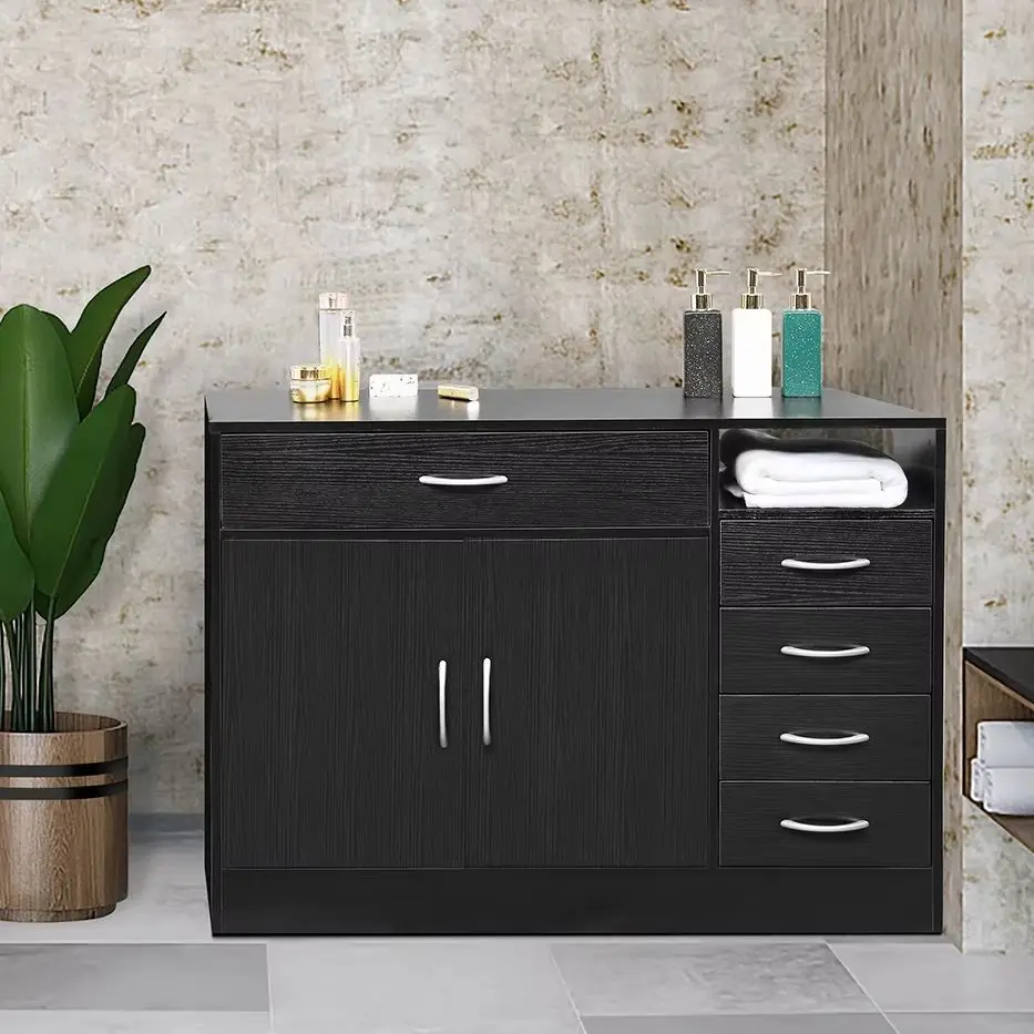 Black Bathroom Storage Cabinet Free Standing Cabinet,2 Doors & 5 Drawers Wooden Towel Organizer for Bathroom, Living Room, Kitch