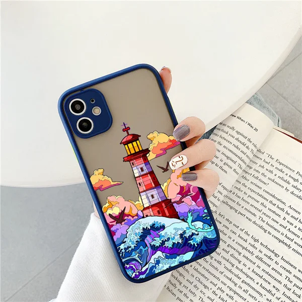 Blaue Wellen-Handyhülle für iPhone 17 16 15 14 12 11 13 Pro Max Leuchtturm-Illustration Cover für iPhone X XR XS 16 14 Plus Schutzhüllen – Detail 4