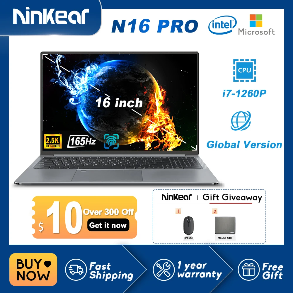 

Ninkear N16 Pro Laptop Notebook, Intel Core i7-1260P,2.5K IPS ,WiFi 6 165Hz ,32GB RAM+2TB SSD, Gaming Office Laptop Windows 11