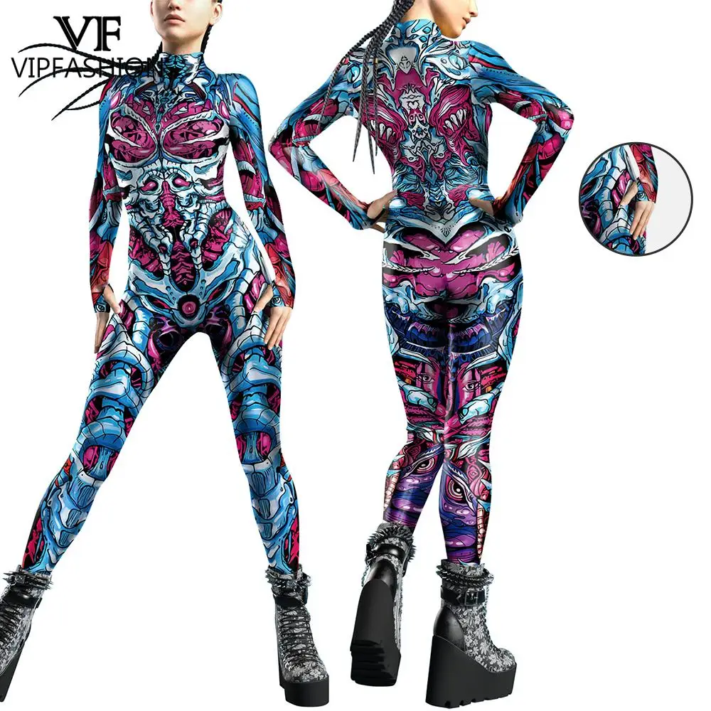 

VIP FASHION Skeleton Printed Costume Woman Front Zipper Zentai Bodysuit Halloween Party Jumpsuits Carnival Holiday Show Outfit