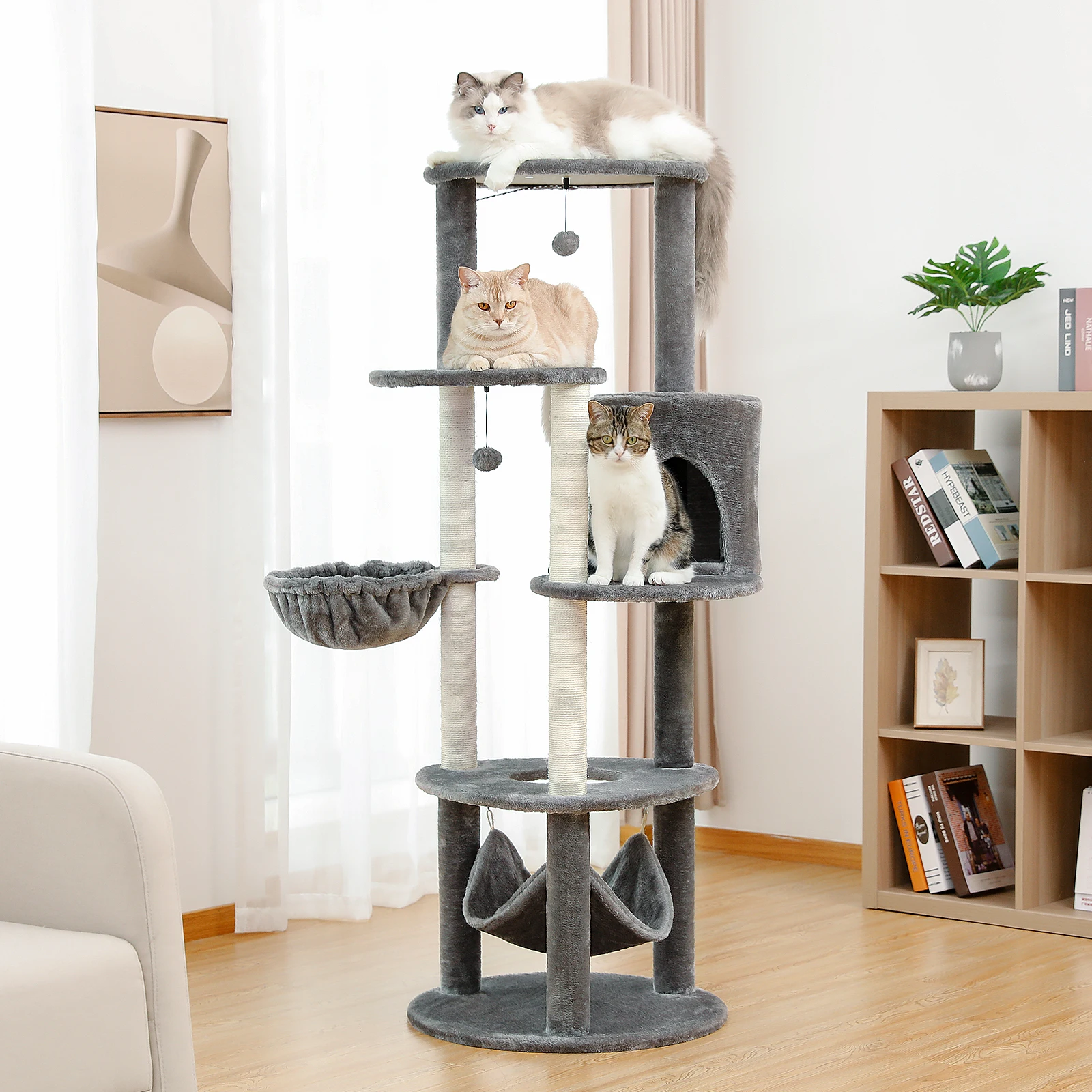 

H152CM Multi-Layer Cat Tree Tower with Large Perch Condo Cozy Hummock Stable Natural Sisal Scratching Posts for Feline 2 Colors