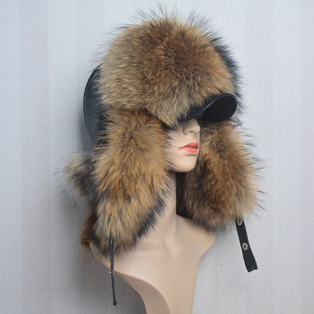 Genuine Silver Fox Fur Hat with Ear Flaps Real Natural Fur Caps for Russian Women Bomber Hats Trapper Cap with Real Leather Top