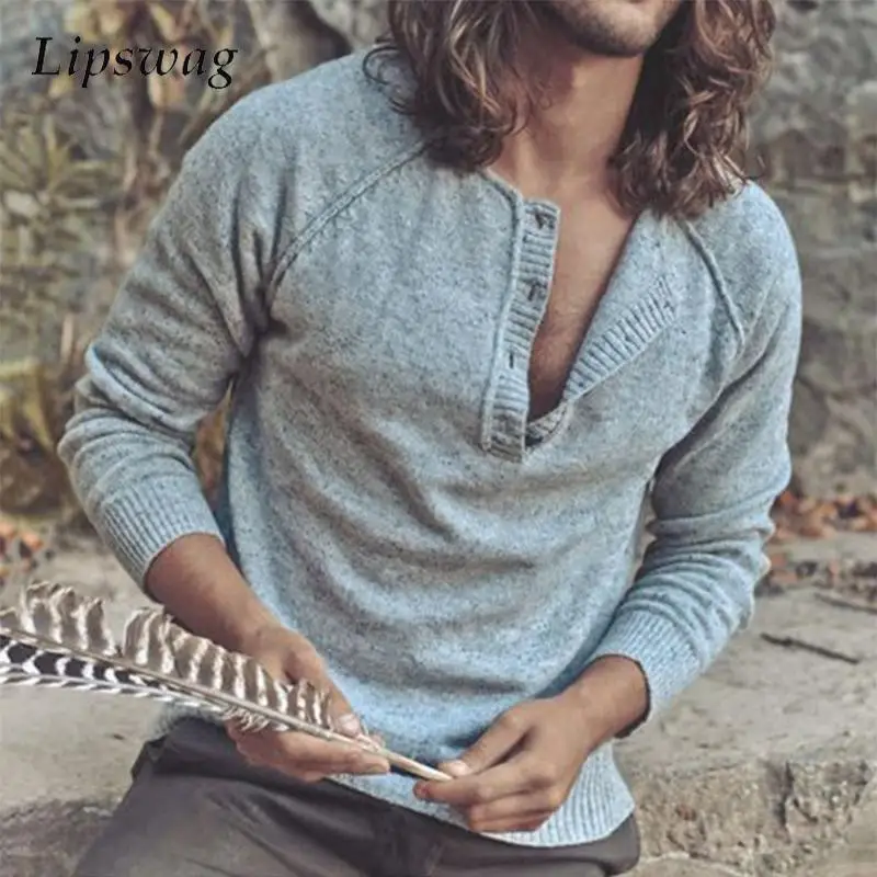 

Sweater Mens Tops Knitwear Autumn Fashion O Neck Button Long Sleeve Knit Jumper Tops For Men Vintage Pure Color Knitted Sweaters