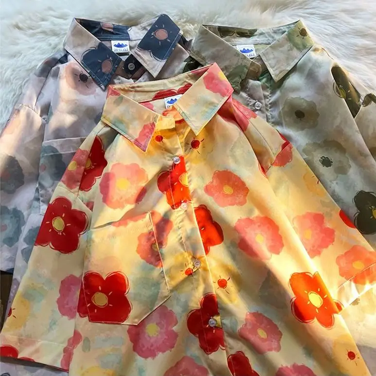 Japanese Oil Painting Flower Full Print Short Sleeve Beach Shirt Women Loose Button Up Shirt Men 2023 Summer Cool Hawaiian Shirt