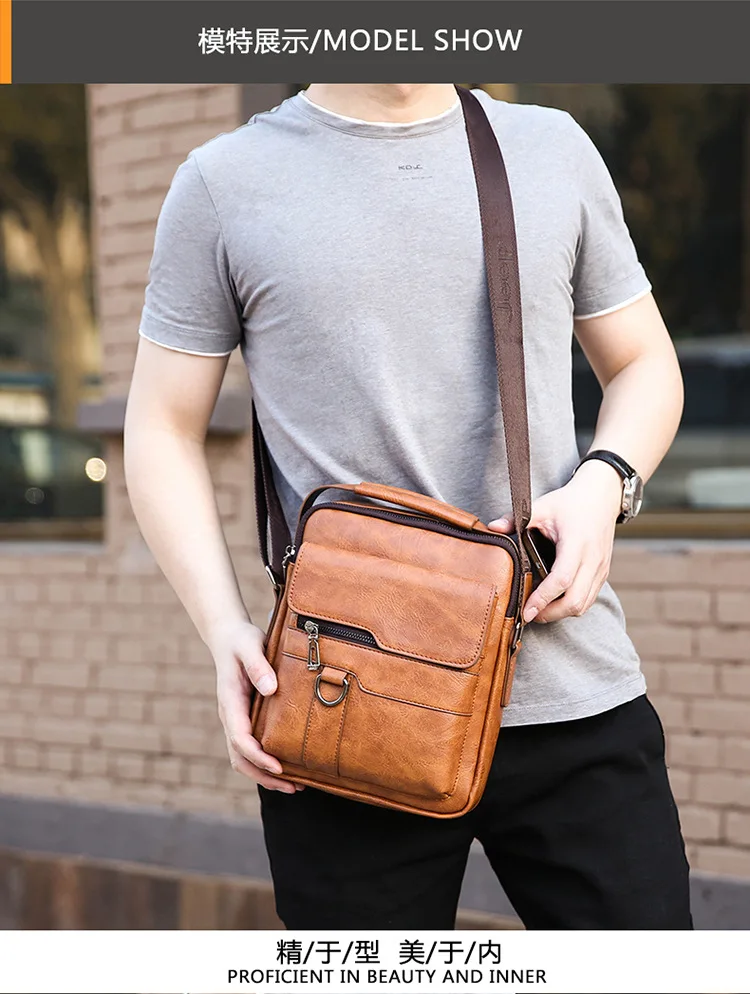 Men Shoulder Bag PU Waterproof Retro Business Fashion Handsome Multi Layered Divided Crossbody Large Capacity Handbags