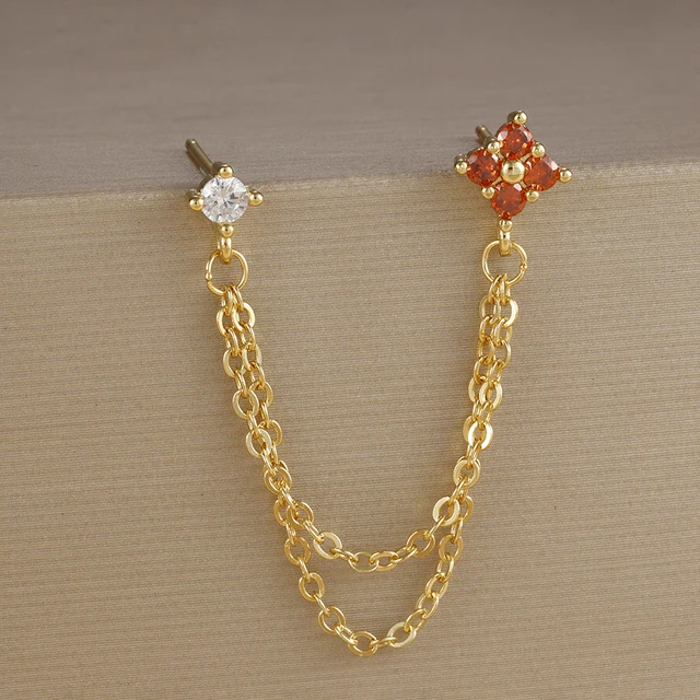 Boucles d'oreilles carrées suspendues en acier inoxydable, 2 pièces, pierre d'anniversaire de décembre, chaîne en zircone cubique, fleur, bijoux de perçage