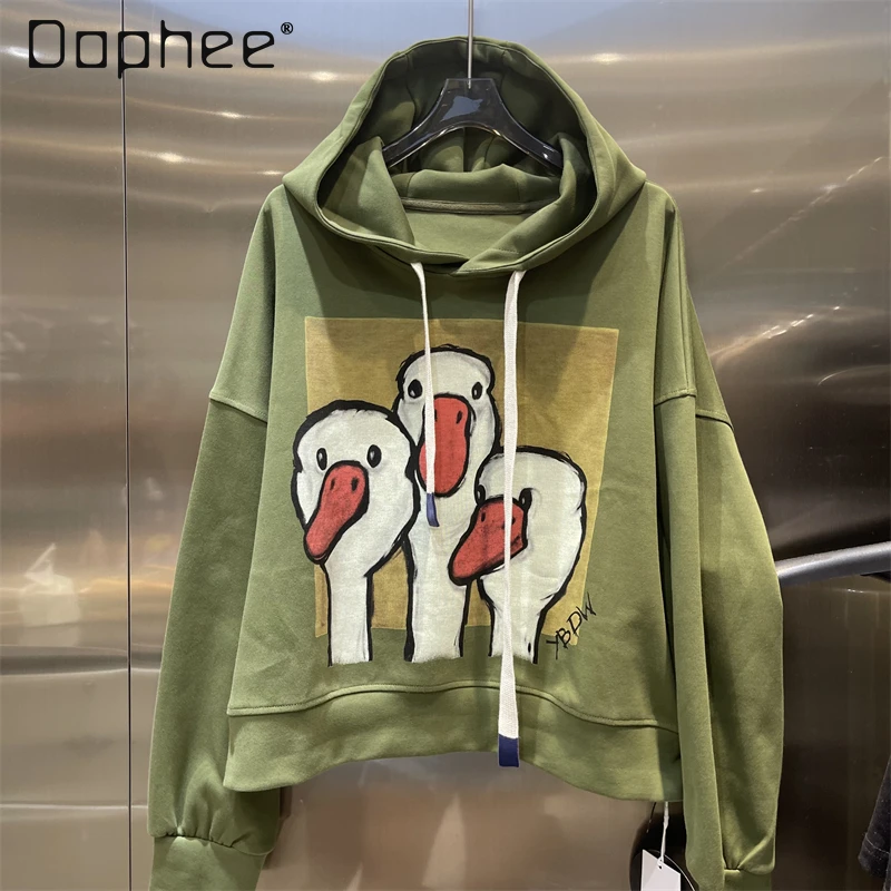 Loose Army Green Cartoon Print Sweatshirt Woman Hoodie Casual Hooded Coat Long Sleeve Sweatshirts Y2k Clothes Autumn 2024 New