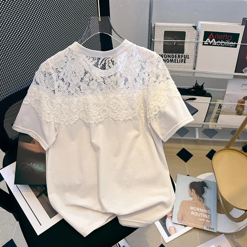 

Fashion Lace Trim Short-sleeve T-shirt Women Ins Fashion 2023 Summer Korean Loose Cotton Tees Tops Round Neck Tshirts