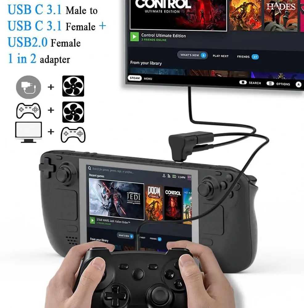 USB-C-USB-C USB-A 어댑터 20Gbps USB-C 남성-USB-C USB-A 여성 어댑터 8K 60HZ 180도 U자형 스팀 데크용
