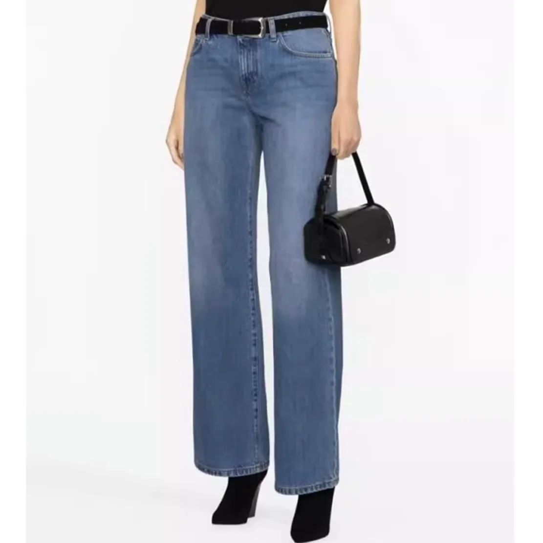 Dave&Di High Street Fashion Minimalist Autumn/Winter Jean Mid Waist Loose Vintage Floor Sweeping Wide Legged Pants Cropped Jeans