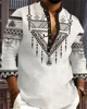 New Men's Henry Collar Linen Long Sleeve Casual Shirt Ethnic Print High Quality Top Fits Everyday