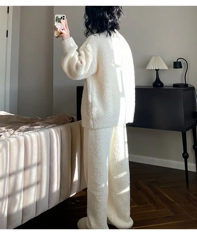 Yasuk Autumn Winter Fashion Women's Casual Lovely Bow Sweet Girl Warm Soft Sleepwear Loose Pajamas With Pants Flannel Pullover