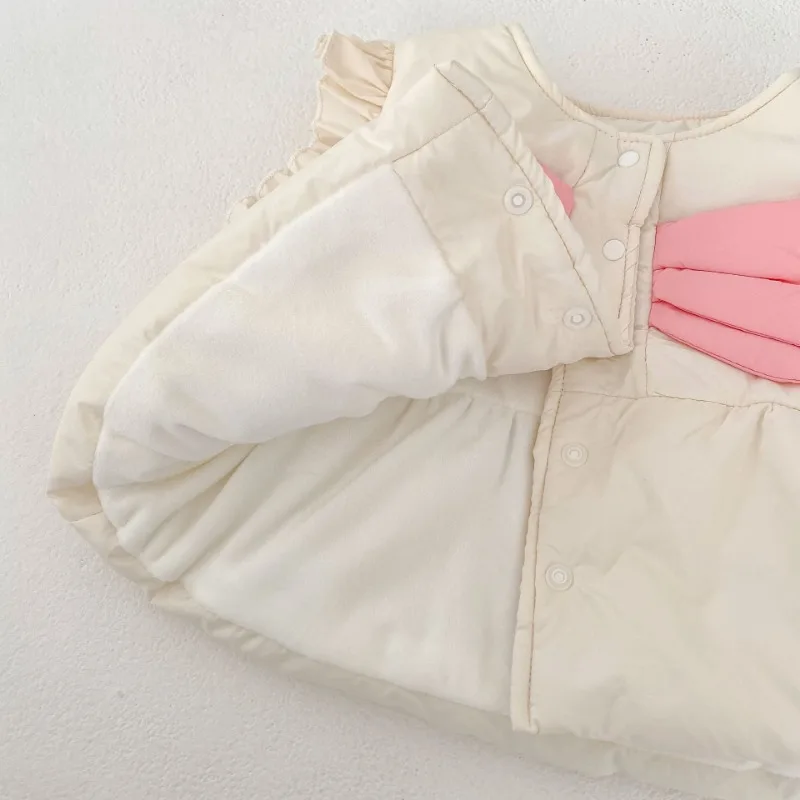 Korean Version Winter New 0-3Y Old Girl Baby Bow Flying Sleeve Fashion Toddler Vest Thicken Padded Warm Vest Round Neck Cardigan