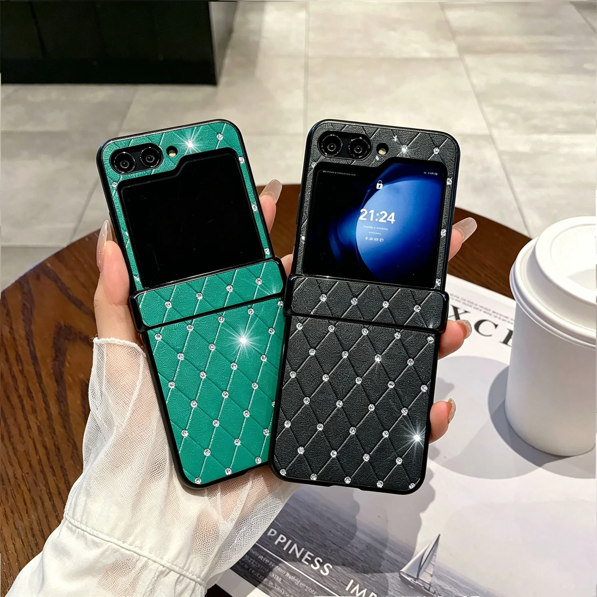 Rhombus Grid Luxury Leather Phone Case - Shockproof Back Cover
