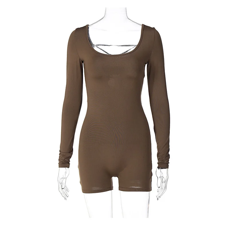 

Long Sleeves Backless Solid Lace Up Sexy Slim Skinny Playsuit 2024 Summer Women Fashion Y2K Streetwear Party Club Rompe
