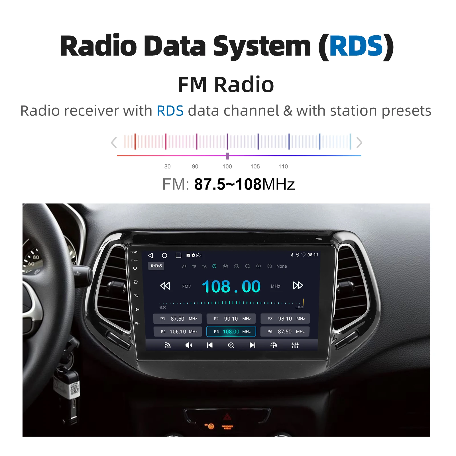 ESSGOO 10 Zoll Android 15 Kabelloses Carplay Android Auto Autoradio GPS Navi für Jeep Compass 17-20 BT WiFi RDS SWC Touchscreen – Detail 13