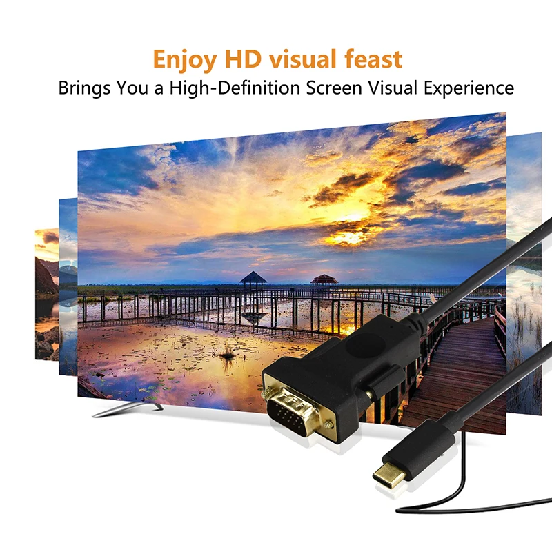 CABLETIME USB C to VGA Video Cable HD 1080P for Computer Smart Phone U disk Keyboard Car Reader