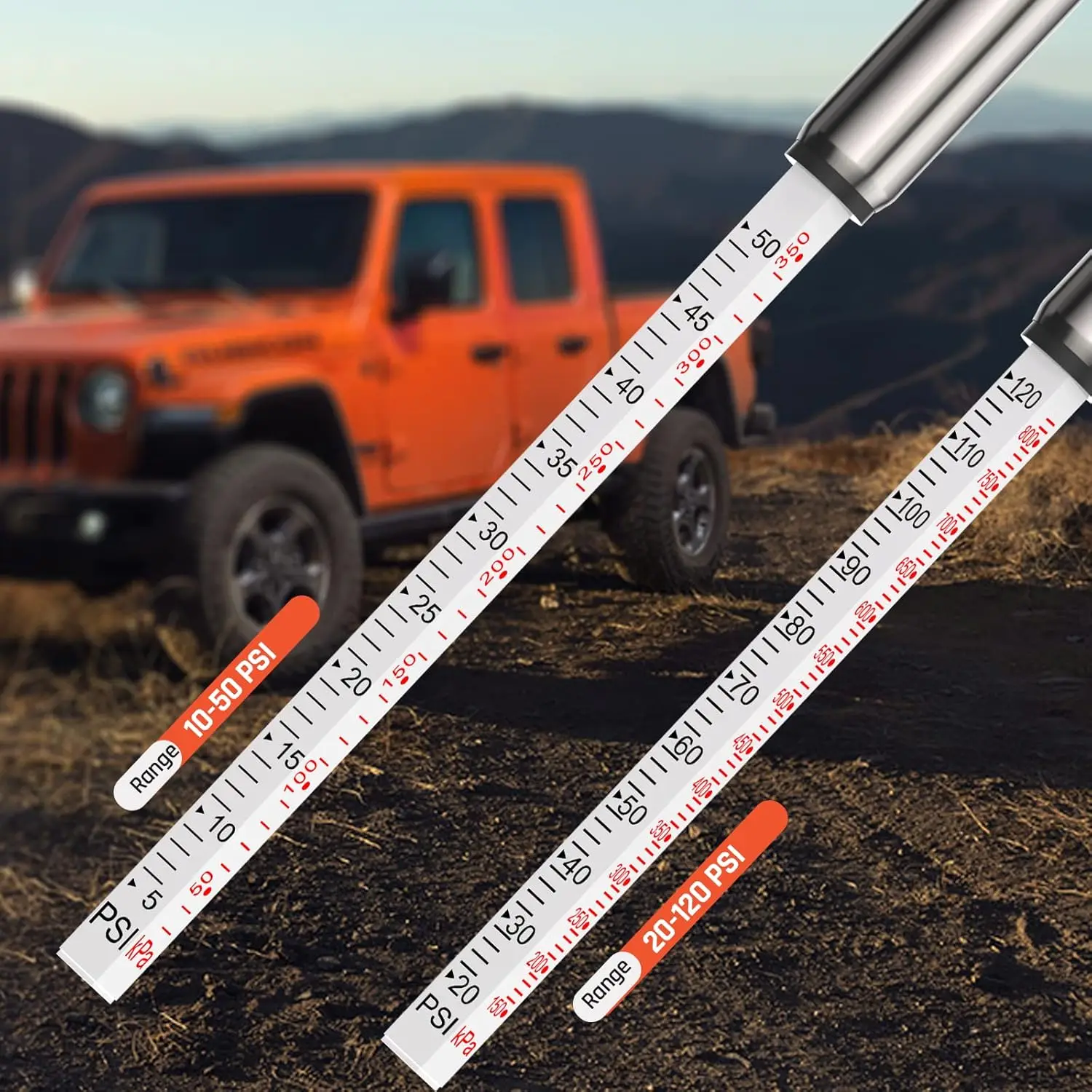 Pencil Tire Pressure Gauge 10-50PSI, 20-120PSI with 16 Tire Caps in 2 Cases, Calibrated to ANSI B40.1 Grade B(2%),Stainless Stee