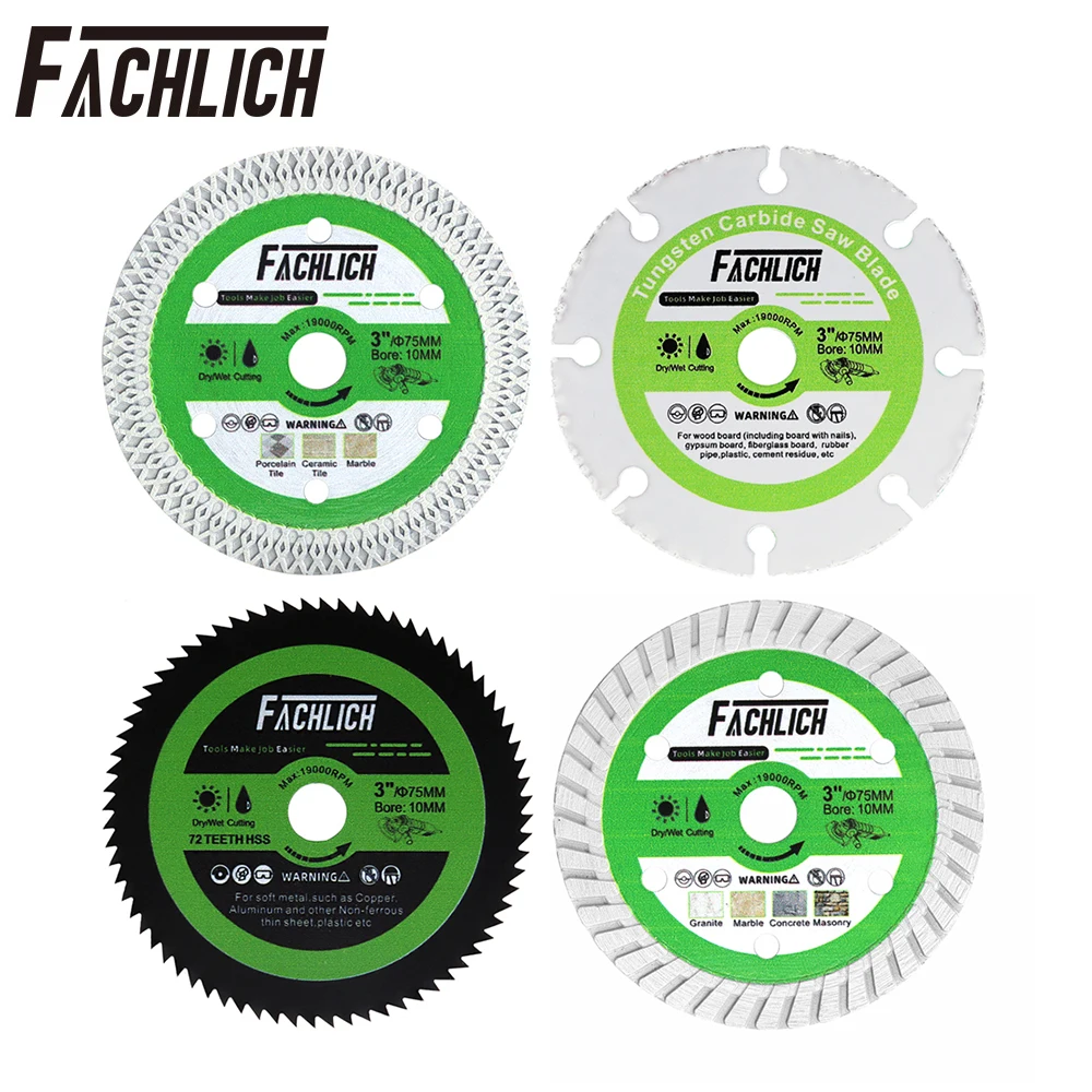 FACHLICH Dia75mm Mini Grinder Cutting Disc Wood PVC Tile Marble Concrete Metal Aluminum Glass Bore10mm 3inch Saw Blade Hand Tool