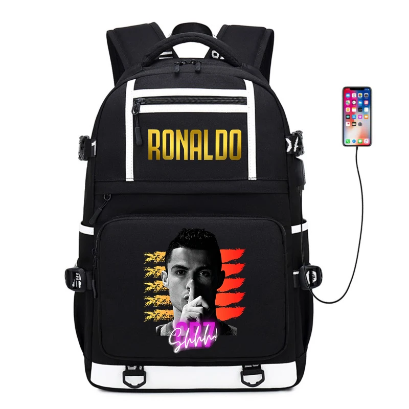 

Ronaldo print black student schoolbag youth backpack usb outdoor travel bag