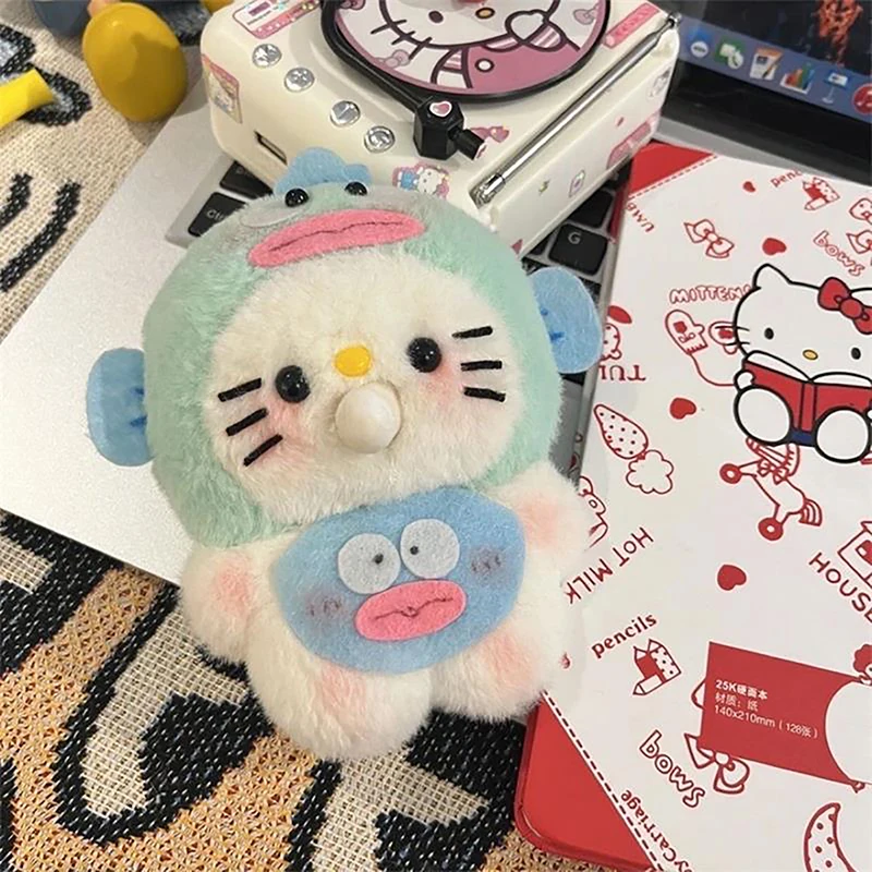 귀여운 산리오 행요돈 후드 KT 고양이 봉제 인형, 삐삐 거리는 거품, 헬로 키티 봉제 장난감, 열쇠고리 가방 펜던트 선물