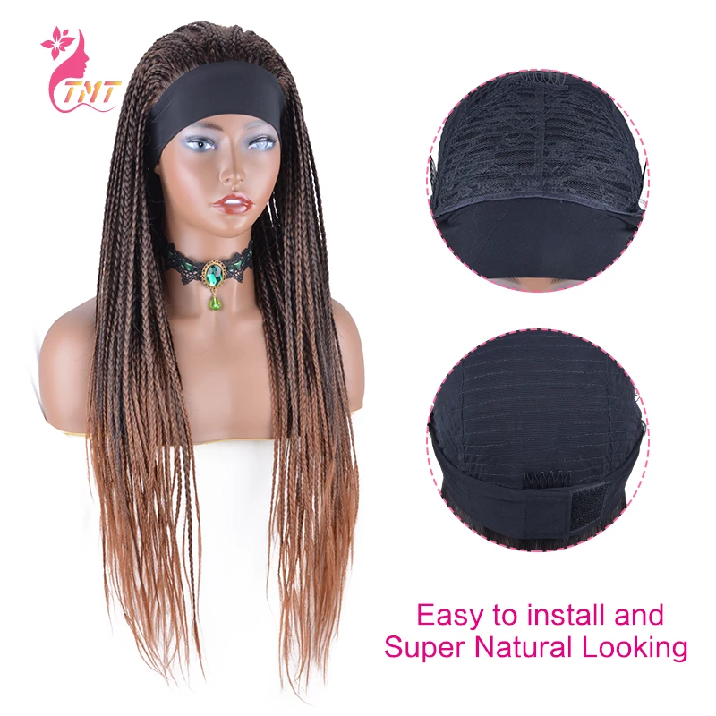 26 Inch Synthetic Headband Wigs Box Braided Wigs For Black Women Ombre Brown Blond Headband Wig Fake Scalp Heat Resistant Fiber synthetic hair wigs