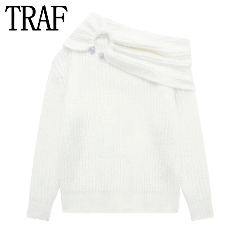 

TRAF Off White Off Shoulder Sweater Women Asymmetric Knitted Sweater Woman Autumn Winter 2024 Long Sleeve Knit Top Pullover