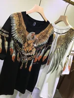 Oversized fashion Rhinestone Diamond Harley Eagle Double sided wing feather couple top Women's short-sleeved T-shirt