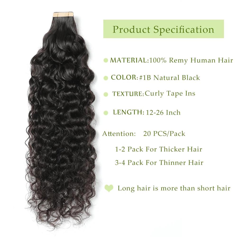 Curly Tape In Human Hair Extensions For Black Women Seamless Double Sided PU Skin Weft Remy #1B Natural Color Ends High Density