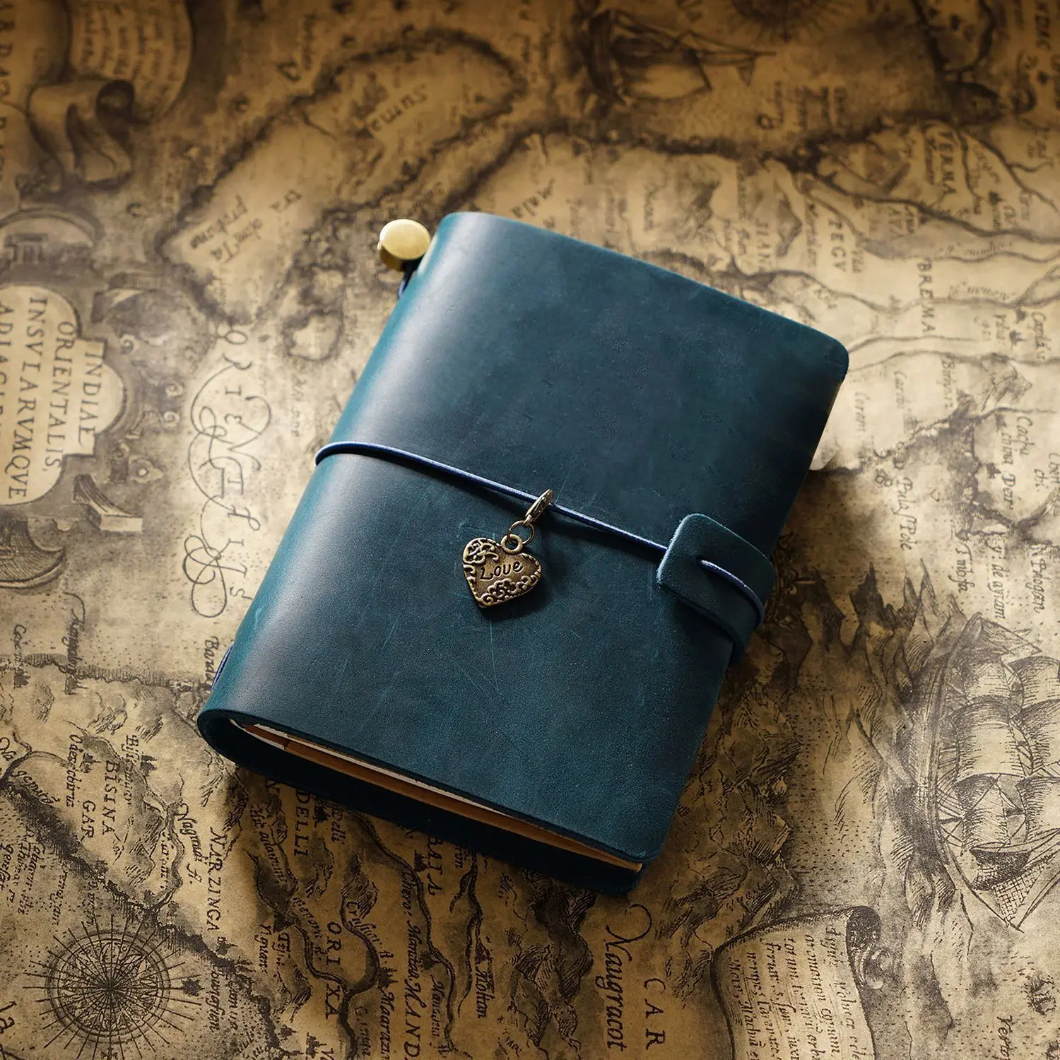 Vintage Refillable Crazy Horse Leather Travel Journal with Antique Metal Charms and Elastic Closure