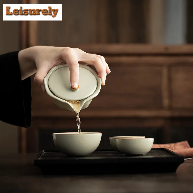 Antique Ru Kiln Porcelain Lotus Travel Tea Set Kit Ancient 1 Pot 3 Cups Tea Maker Organizer Portable Camping Tote Bag Supplies