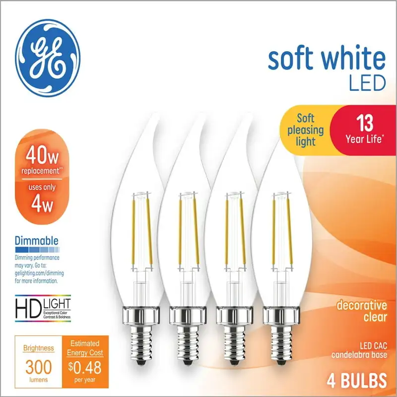 

White LED Decorative Light Bulbs, 40 watts Eqv, Candelabra Base, 13yr, 4pk