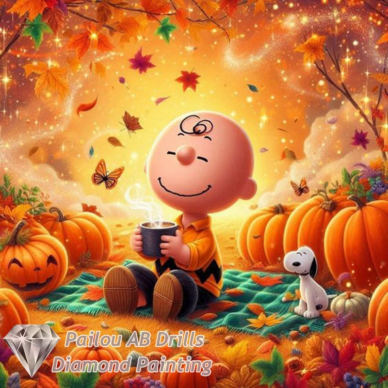 thumbnail image 1 of Pintura de diamantes con paisaje otoñal de Snoopy y Charlie Brown con calabazas para Halloween, taladros AB, punto de cruz completo, mosaico, decoración del hogar, 1 of 5