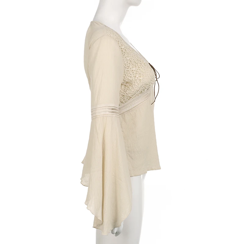 Elegant Beige Women Top Cotton V Neck Flare Sleeve Loose Fit Aesthetic Tee Shirt Vintage Chic Back Lace Up Pullovers