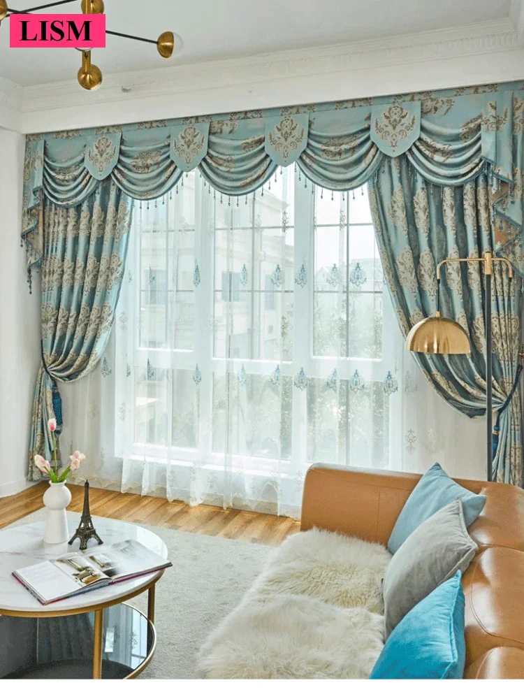 

European villa curtain luxury living room bedroom semi-shade atmosphere classic blue high precision jacquard finished customized