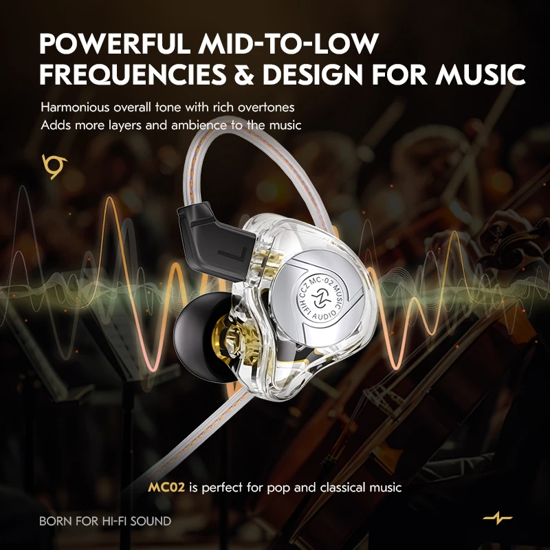 CCZ MC02 HiFi In-Ear Headphones Dual-Magnet Dynamic Driver 10mm Large DD 5N OFC Cable Music Wired Headset for Sound Enthusiasts