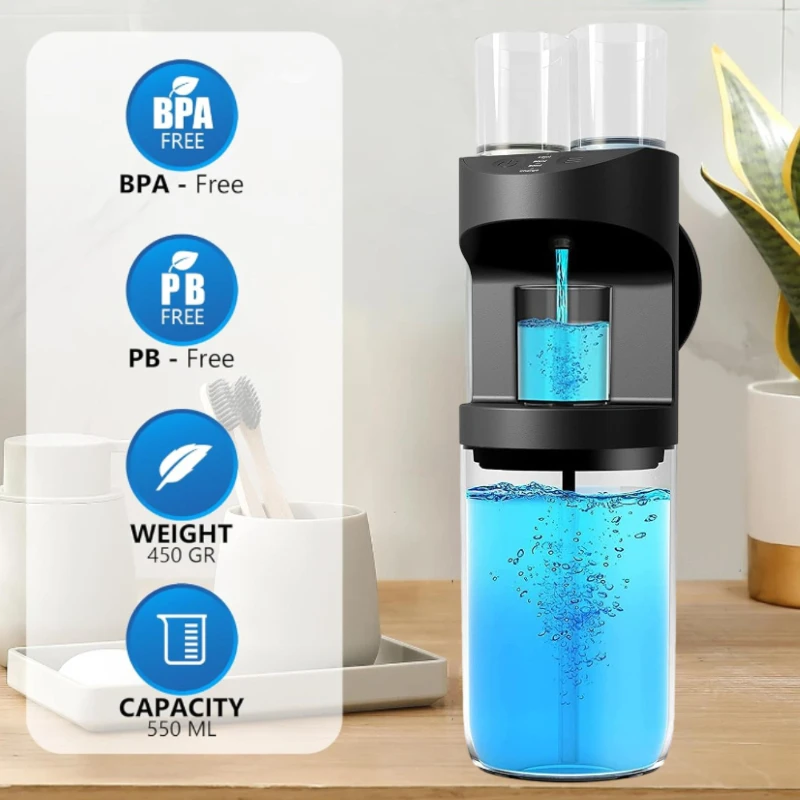Mouthwash Dispenser 550ml Automatic Rechargeable Mounted with 3 Dispensing Levels and Magnetic Cups Storage