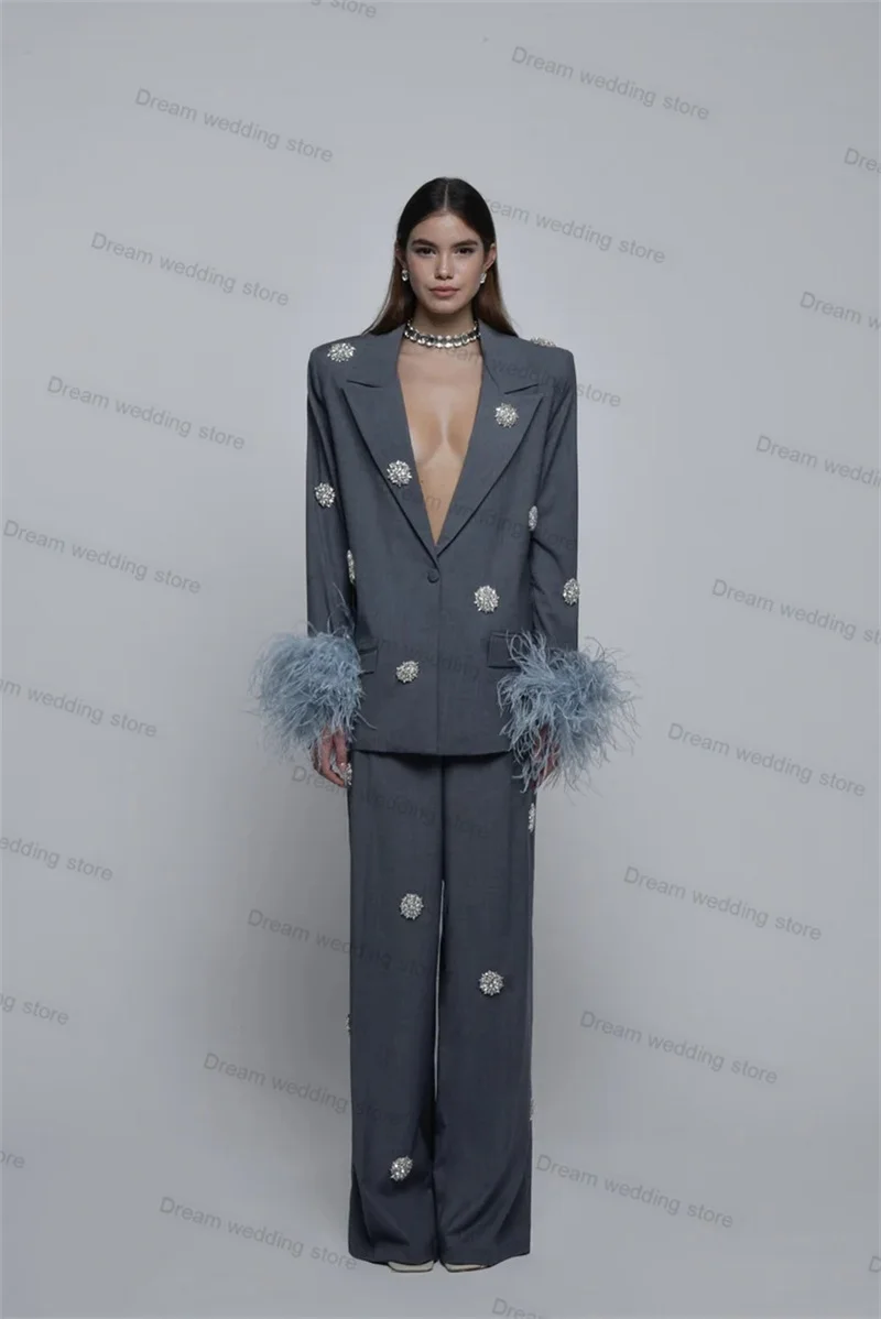 Women Suit Pants Set 2 Pieces Grey Women Suits Pants Set Blazer + Trousers Feather Crystals Formal Office Lady Guest Wedding Tuxedo Jacket Customized