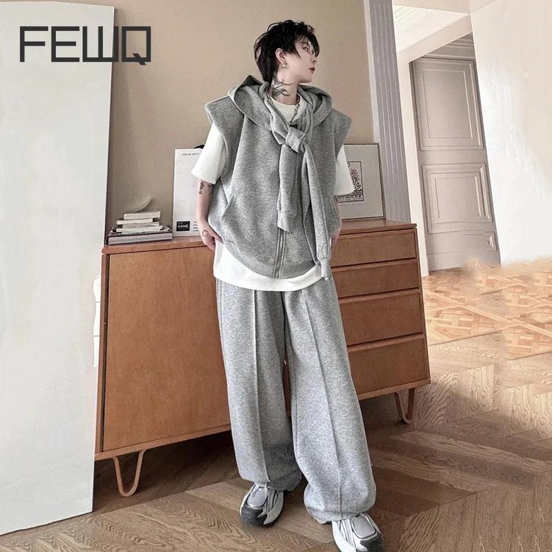 

FEWQ Fashion Men's Set Sleeve Spliced Hooded Waistcoat Straight Sweatpants New Personality High Street Male Two-piece 28W3117