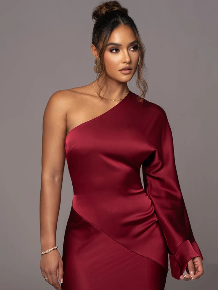 -Elegant Long Sleeved Party Evening Dress for Women, Flared Sleeves, Single Shoulder Bodycon, Maxi Dress, Backless Gown