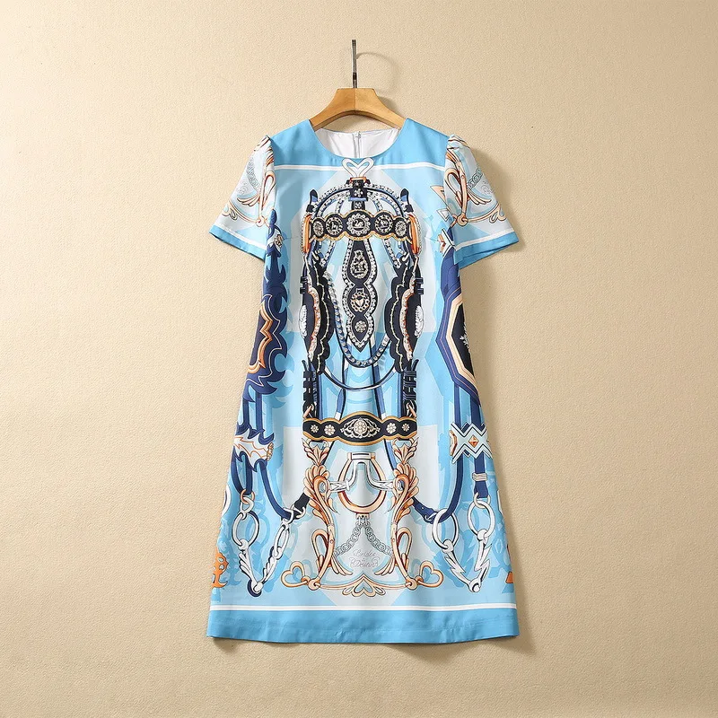 

European and American women's dress 2023 summer new style Round neck heavy stitching beads Short sleeve blue court print dress